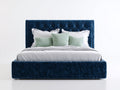 Lit double - velours-bois - 205x165x118 cm - bleu-blanc - style capitonné