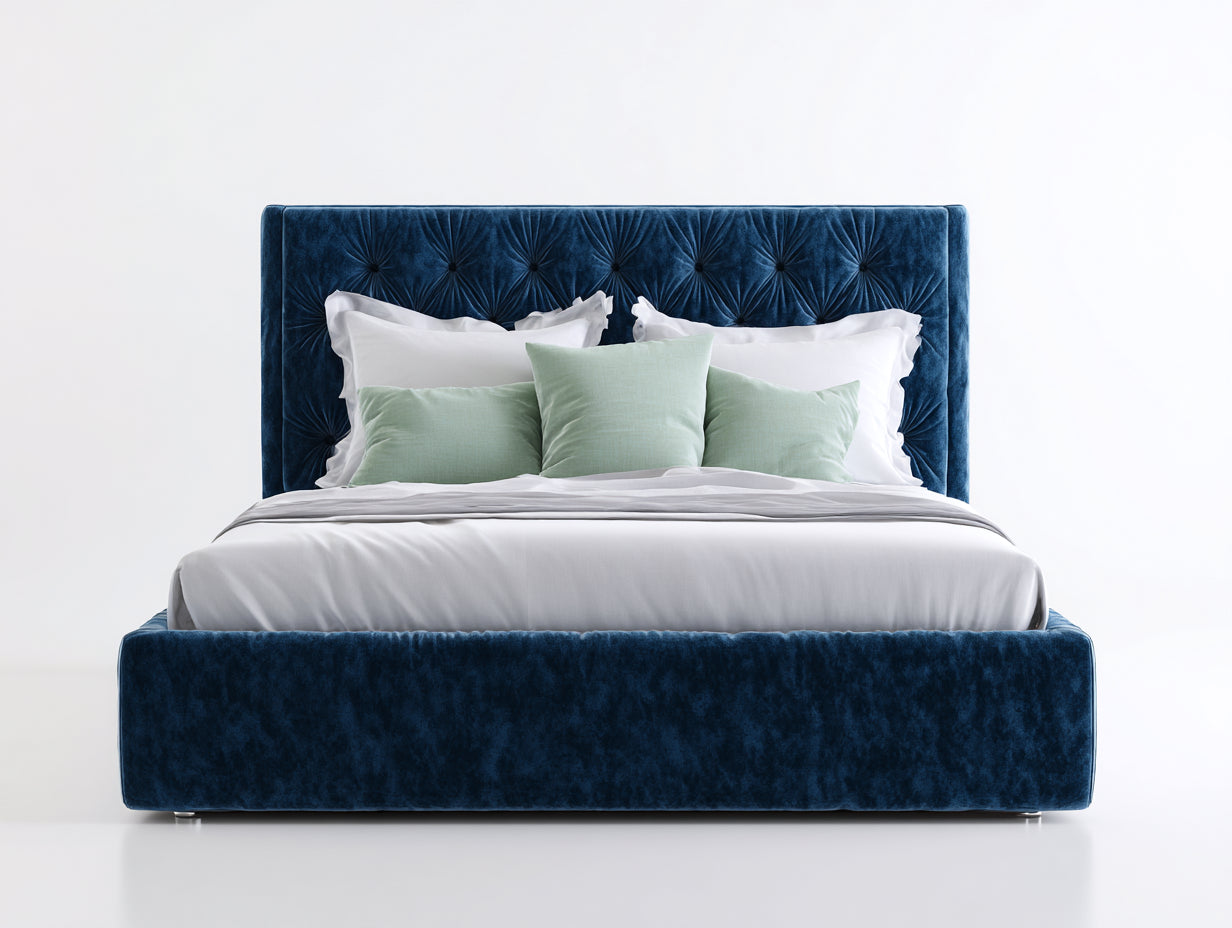 Lit double - velours-bois - 205x165x118 cm - bleu-blanc - style capitonné
