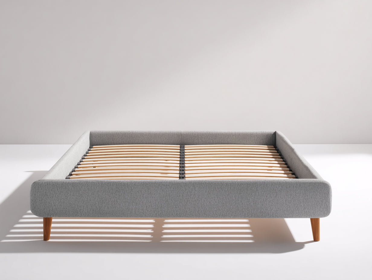Lit double - tissu-bois - 205x165x38 cm - gris clair-naturel - style moderne